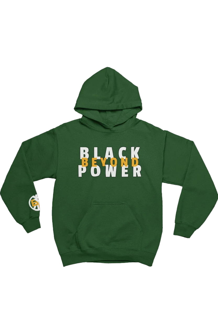 Green hoodie with 'Black Beyond Power' text on a white background